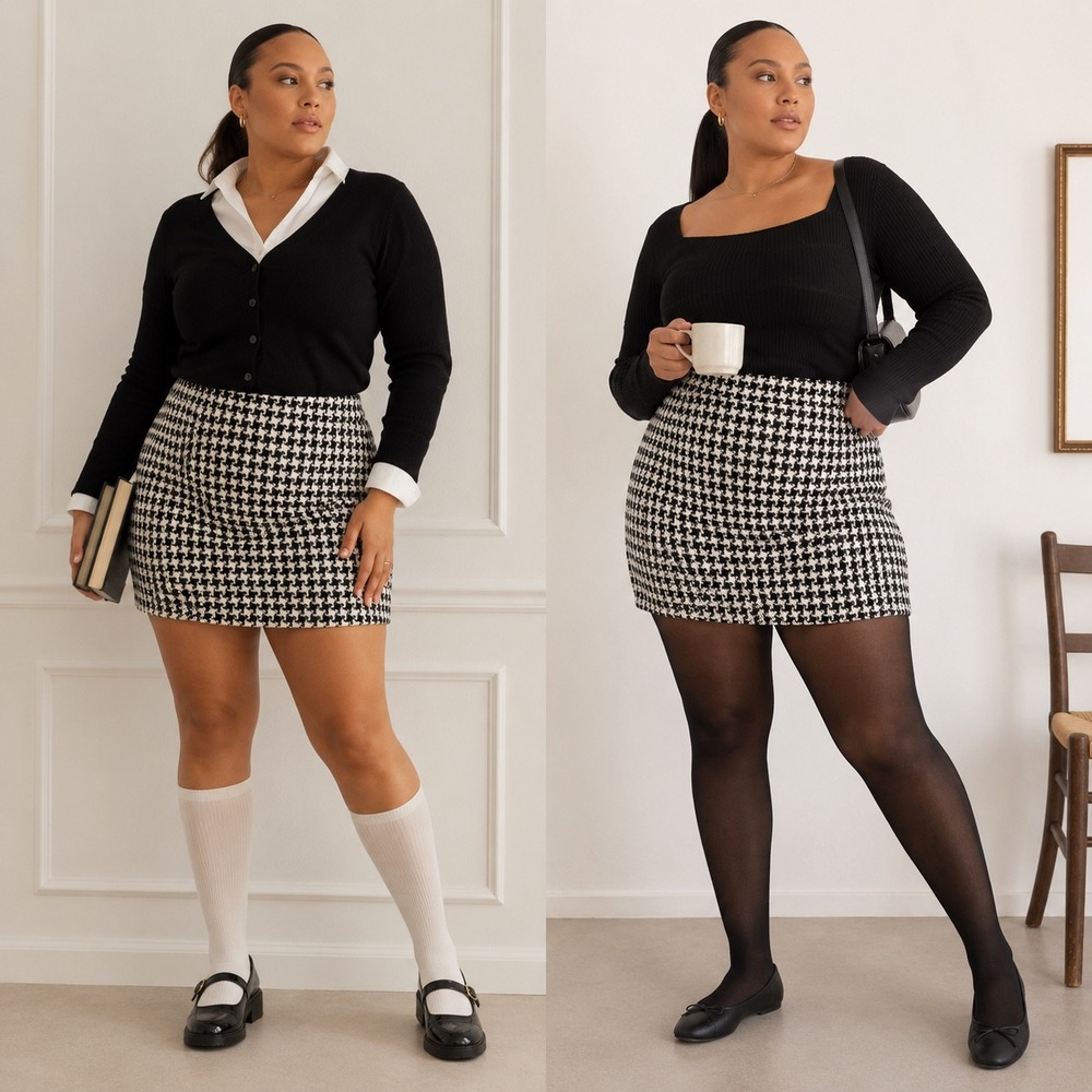Style & Co Black White Houndstooth Mini Skirt Size 10 Academia French Office Y2K